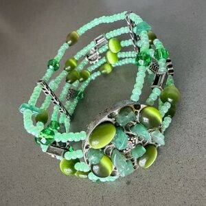 Boho Green Multi Strand Beaded Wrap Bracelet Mosaic Stone Statement